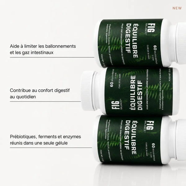 Trois piluliers Équilibre Digestif FIG BALANCE : ballonnements et gaz limités, confort digestif, prébiotiques, ferments et enzymes