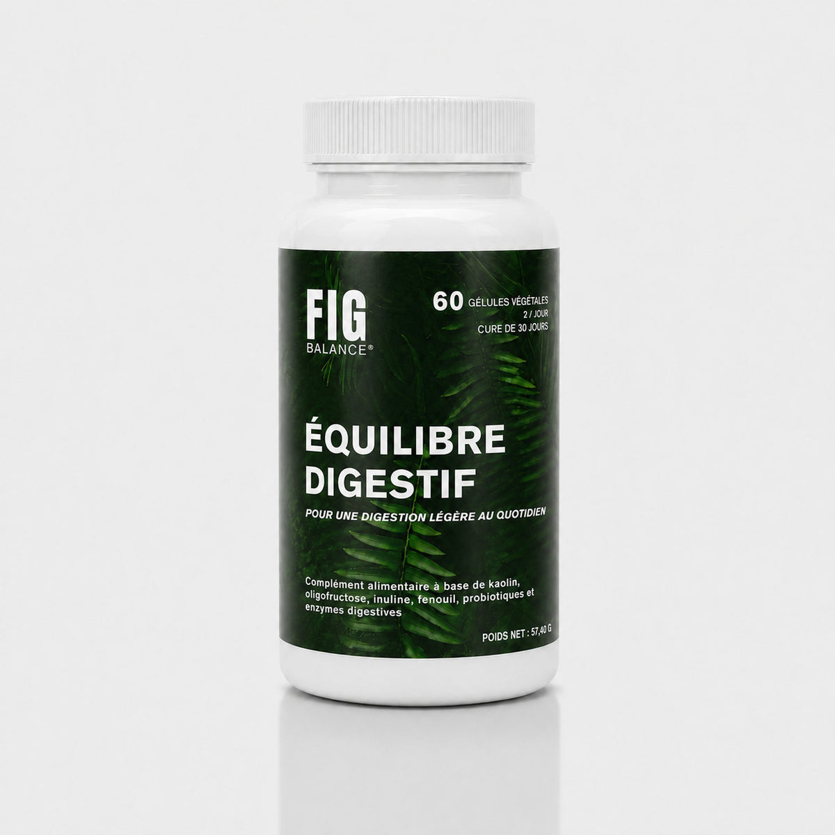 Pilulier Équilibre Digestif FIG BALANCE, 60 gélules végétales, sur fond gris clair