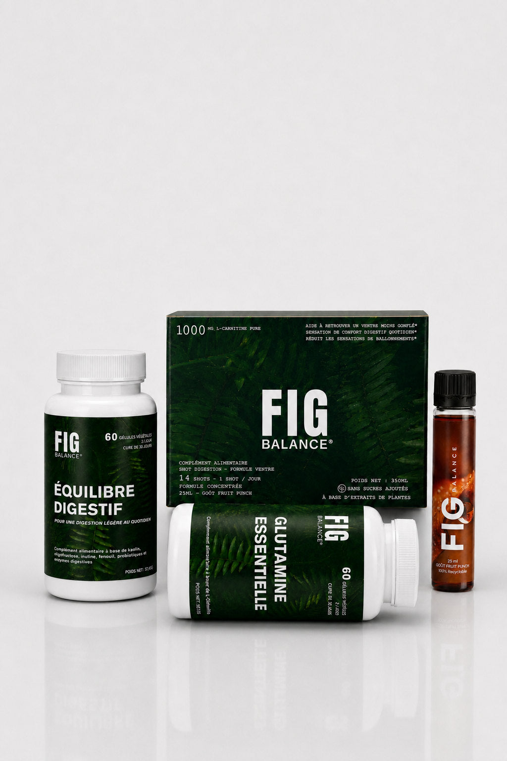 Gamme FIG BALANCE : Équilibre Digestif, Glutamine Essentielle, étui de 14 shots et un shot