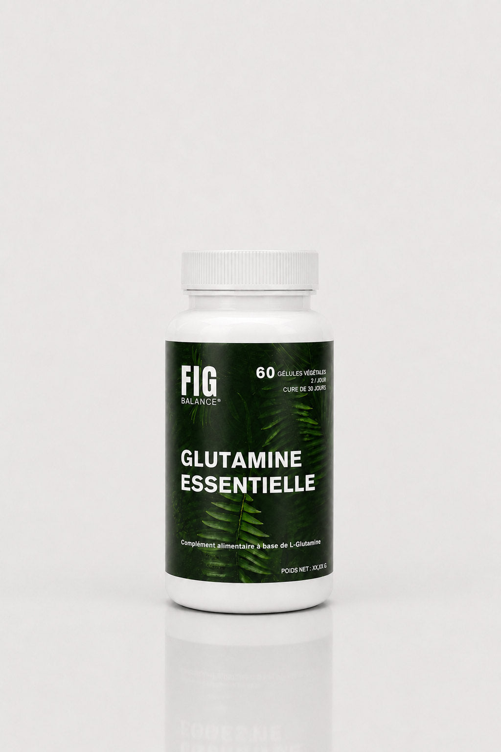 Pilulier Glutamine Essentielle FIG BALANCE sur fond gris clair