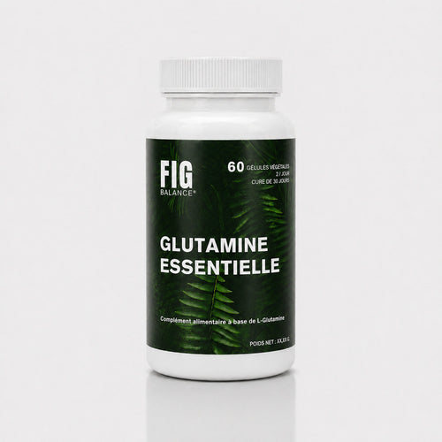 Pilulier Glutamine Essentielle FIG BALANCE, 60 gélules végétales, sur fond gris clair